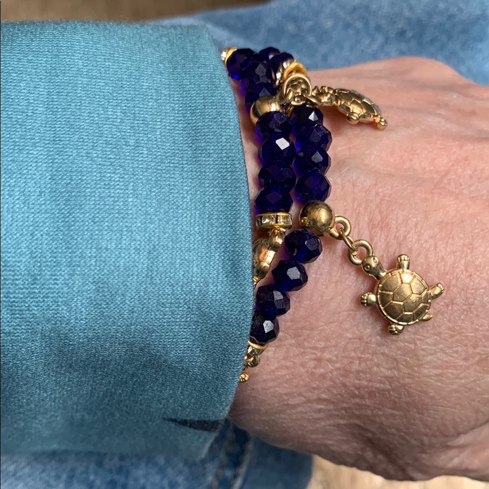 Turtle Charm Bracelet set of 2 Gold and Blue Beaded Turtle Charm Bracelet